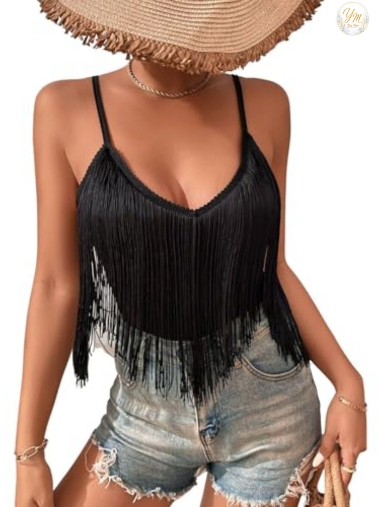 Sleeveless Fringe Tank Top With Tassel Hem For Country Concerts